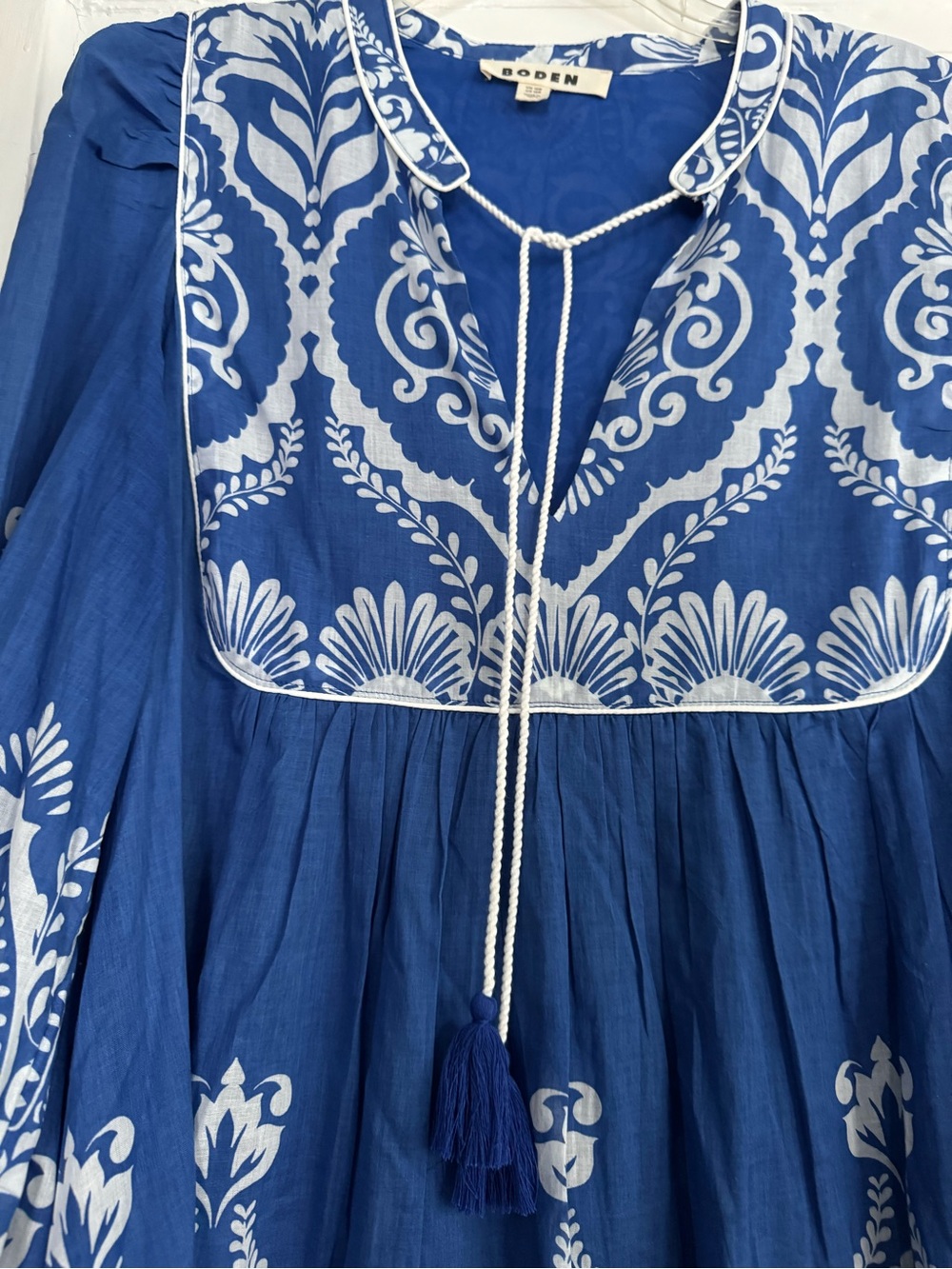 Biden Blue and White Printed Maxi Dress with Tassel Tie - Picture 2 of 4